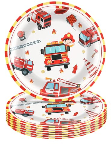 Ovanda 12 Stück Feuerwehrauto-Pappteller 7 Zoll für Kindergeburtstag | 12 Partyteller mit Feuerwehrauto-Motiv für Feuerwehr-Mottopartys, Kindergeburtstage und eine passende Tischdekoration