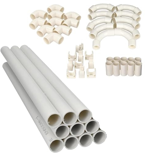 Jandei - Lot de 10 tubes pour câbles en PVC rigide blanc d'une longueur de 1 mètre. Diamètre 16 mm. Couverture de câble avec agrafes de fixation, coude à 90 degrés, manchons et courbures d'assemblage.