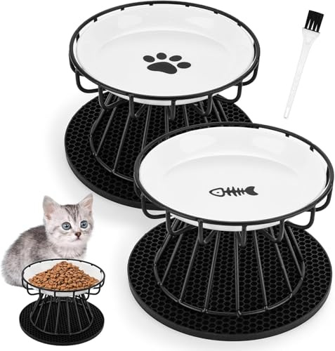 Comedero Gato Elevado,2 Piezas Comedero Perro con Marco Metálico,Cuencos para Gatos con Alfombrilla Antideslizante,Cepillo de Limpieza,Cuenco Plano Antivómitos,Comederos para Gatos y Perros Pequeño