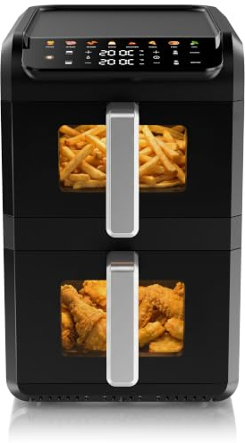 Arendo – Heißluftfritteuse XXL Dual Zone - 2 Kammern – Airfryer Doppelstock – mit Fenster – 2700 W – 10 Liter – bis 200°C – LED-Display – Sync- und Match-Funktion – Sichtfensterbeleuchtung