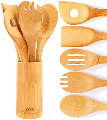 Organic Bamboo Cooking & Serving Utensil Set by Neet - 6 Piece Set | Spoon & Spatula Mix | Utensil Holder Organizer | Non Stick Wooden Kitchen Gadgets | Great Gift for Chefs & Foodies