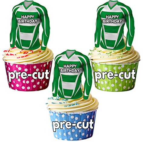 AK Giftshop PRECUT Happy Birthday Football Shirts - Edible Cupcake Toppers/Cake Decorations Green and White Shirt Top (Pack of 12)