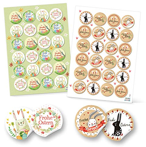 Logbuch-Verlag 2 x 24 Osteraufkleber rund selbstklebend Ø 4 cm Frohe Ostern Osterdeko Sticker bunt braun weiß
