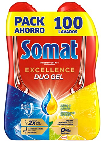 Somat Excellence Gel Lima y Limón (100 lavados), lavavajillas líquido automático en botella, detergente desengrasante, elimina la suciedad incrustada