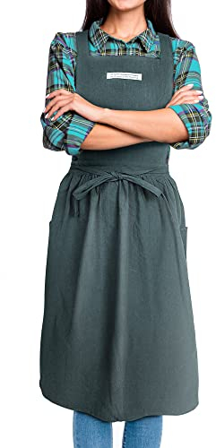 SPDYCESS Schürzen Japanischer Stil Kochschürze Damen mit 2 Taschen Kreuz Zurück Baumwolle Küchenschürze Kellner Schürze für Backen Restaurant Café Malerei