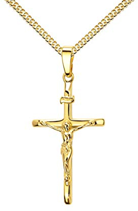 JEVELION Kreuz-Anhänger mit Panzer-Kette vergoldet Jesus Christus mit INRI-Gravur für Damen, Herren und Kinder als Kettenanhänger 925 Silber vergoldet mit Schmuck-Etui