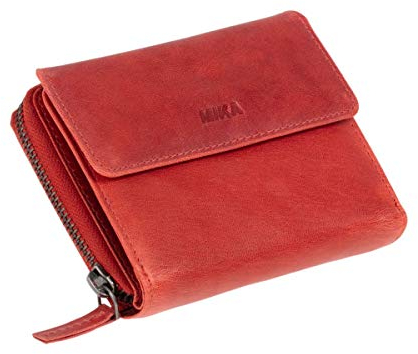 MIKA 42171 - Damengeldbörse aus Echt Leder, Portemonnaie im Hochformat, Geldbeutel mit 9 Kartenfächer, 5 Einsteckfächer, Scheinfach und 2 Münzfächer, Brieftasche in rot, ca. 13 x 10 x 2,5 cm
