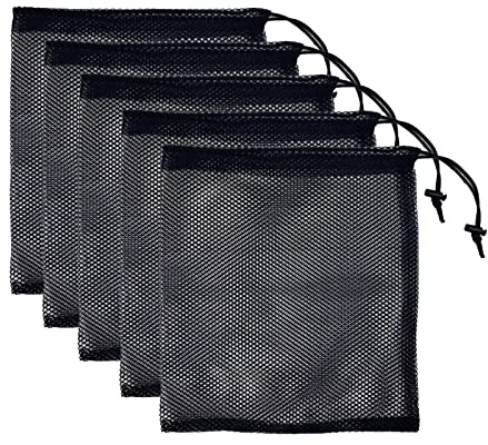 5 Pack Black Nylon Mesh Bag Portable Drawstring Net Bag Mesh Storage Ditty Pouch for Gym Travel Outdoor Activity
