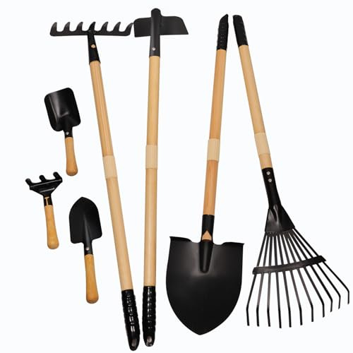 POMIKU Kids Rake and Shovel Sets, 7PCS Child Metal Gardening Tools for Real Digging-Great for Garden, Yard, Sandbox, Lawn, Camping Play, Outdoor Toys for Ages 2-4, 5-7 Years Old