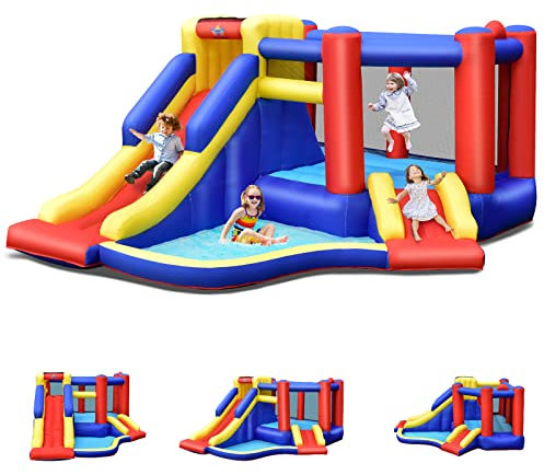 GOPLUS Castillo Hinchable, Inchable Infantil Interior Exterior, Cosido de Material Extra Rueso, Ninos Adecuado de 3 a 10 Años, Con Pared de Escalada, Balón de Baloncesto, 383 x 313 x 182 cm
