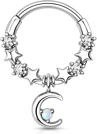 Melighting Mond-Septum-Piercing-Schmuck, 16 g, baumelnde Helix-Ohrringe, Knorpel-Piercing, Septum-Ring, Chirurgenstahl, Scharnierring, Conch-Hoops, Daith-Piercing-Schmuck für Frauen, Opal, Zirkonia,
