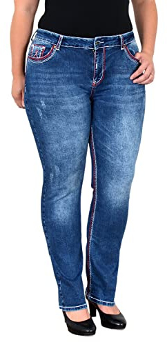 ESRA Damen Jeans High-Waist Straight Fit Dicke Naht Jeanshose Übergröße Plussize Große Größen Hose Gerade Schnitt Hoch-Bund Straight Leg Stretch FG12