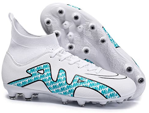 Zapatillas de Fútbol Unisex High Top Soccer Boys Professional Spike Training Boots Outdoor Sneakers White Moon T 45 EU