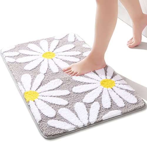 QJHOMO Grau Badezimmerteppich Niedliche Gänseblümchen Badematte rutschfest Waschbar Badteppich Weiße und Gelbe Blume Badvorleger Weiche Duschvorleger Absorbierende Badezimmer Teppich 40x60 cm