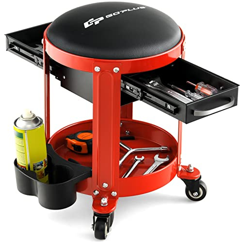 COSTWAY Tabouret d'Atelier Pivotant 4 roulettes avec Porte-boîtes Doubles | Chaise d'Atelier Pivotante avec Plateau à Outils, Siège Rembourré, pour Garage, Atelier, 40 x 40 x 43,5 cm, Charge 150 kg