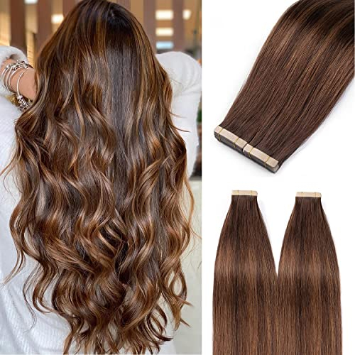 HotLulana Tape in Extensions Echthaar Balayage Dunkelbraun gemischt Kastanienbraun Invisible Extensions Echthaar 14zoll/35cm 40g Skin Weft 100% Natürliche Tape iExtensions Echthaar 20pcs #2/2/6.