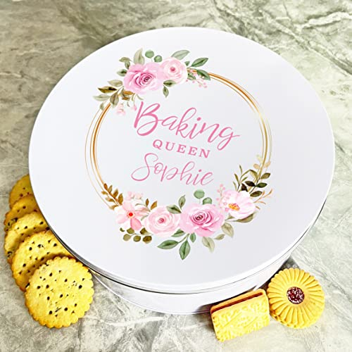 Fingerprint Designs Personalised Round Floral Wreath Gold Baking Queen Biscuit Sweets Cake Treat Tin