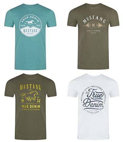 MUSTANG Tshirt Herren Baumwolle Regular Fit 4er Pack Set Rundhals Kurzarm Sommer Tee Shirt Logoprint S, Größe:S, Farbe:Pack 17