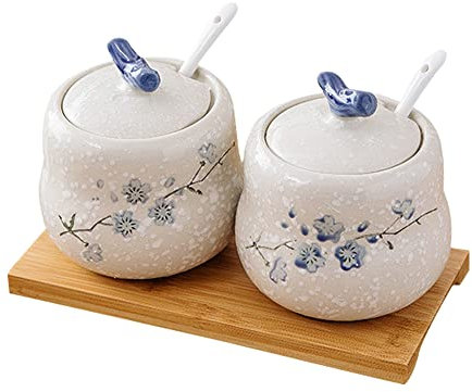 YMYL 2 Stück Retro Keramik Gewürzgläser, 383 ml, Porzellan-Gewürzbehälter, Gewürzgläser, Zuckerdosen mit Deckel, Löffel und Holztablett für Zuhause, Küche, Theke