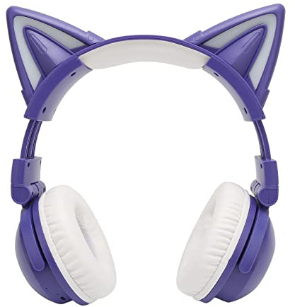 Auricolare Bluetooth, Cuffie Stereo a Forma di Orecchie di Gatto con LED per Bambini, Microfono Integrato, Wireless e Pieghevoli per Ragazzi e Ragazze (Viola)
