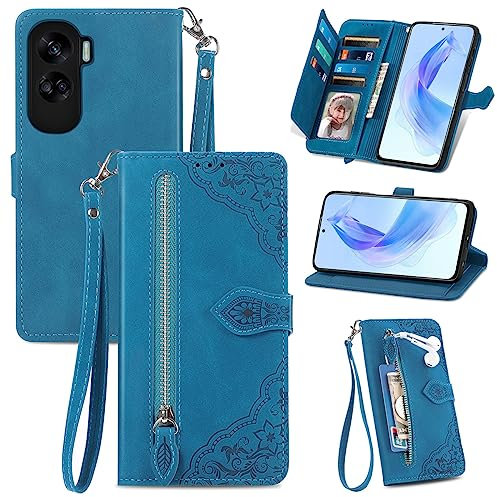 MOJIA Coque Porte Monnaie pour Honor 90 Lite, Etui Portefeuille en Cuir PU avec Cover en TPU, Etui Multifonctionnel Porte-Cartes avec Dragonne. Bleu