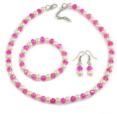 Avalaya Set collana con perle di vetro fucsia e perle finte bianche, braccialetto flessibile, orecchini a goccia, 43 cm di lunghezza, 4 cm di estensione, 8 mm, Misura unica, Vetro, perle finte vetro