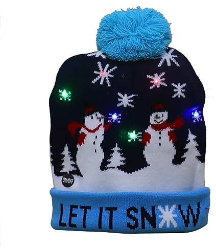 LED Weihnachtsmütze, Leuchtende Strickmütze Bommelmütze Damen Kinder Winter Weihnachten Beanie Mütze mit Weihnachtsbäume Schneemänner Muster Warme Weihnachtsmützen Mütze für Kinder Erwachsene