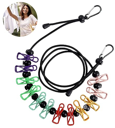 Simsky Portátil Tendedero, Cuerda Tender Ropa Exterior, Elástico Ajustable Retráctil Cuerda de Ropa con 12pcs Hebillas de Posicionamiento para Camping Senderismo Playa Viajes y Uso (Colorido)