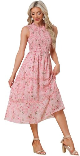 Allegra K Robe Florale Femme sans Manches Volants Col Rond Robes Smockées en Mousseline de Soie Robe Fluide Mi-Longue d'Été Rose XS