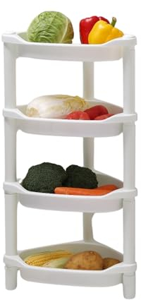 Qualiware 4 Tier Fruit Vegetable Storage Basket Organiser, Countertop Standing Rack, Rustproof, Corner Shelves for Versatile Pantry Kitchen, Narrow Places, 36 x 25 x 70 Centimeter, White
