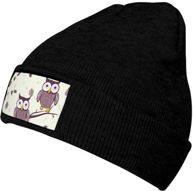 Beanie-Mütze mit Eulen-Baumzweigen, für Damen und Herren, Strickmütze, warme Wintermütze, modische Mütze mit Bündchen, Schwarz, Einheitsgr��e