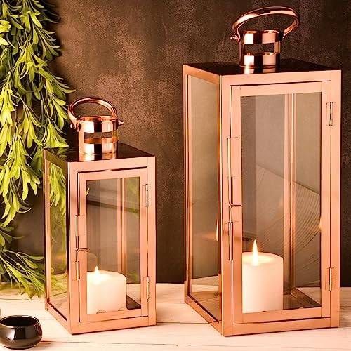 Marrakesch 2er Set LED Laterne Windlicht 39cm und 27,5 cm | Laternen mit LED-Kerze Batterie betrieben und mit Timer Funktion | Gartenlaterne für Draußen Marra Kupfer modern als Gartendeko