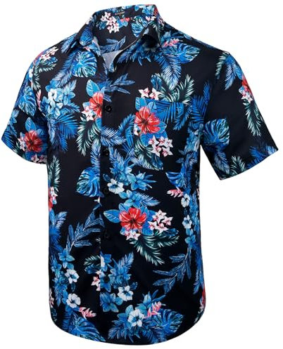 Rithern Hawaii Hemd Kurzarm Blumen Hemd Herren Strand Aloha Hawaiihemd Funky Freizeithemden Button Down Schwarz & Blau 4XL