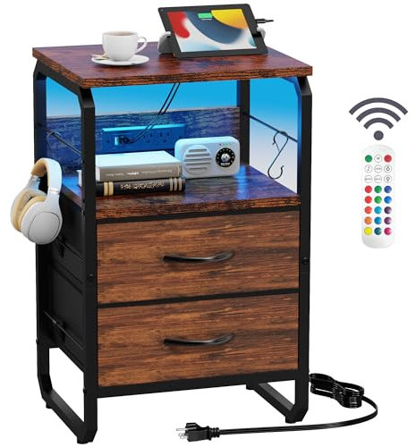 runjuly Small End Table with LED Light, Charging Station, and Hooks, Brown