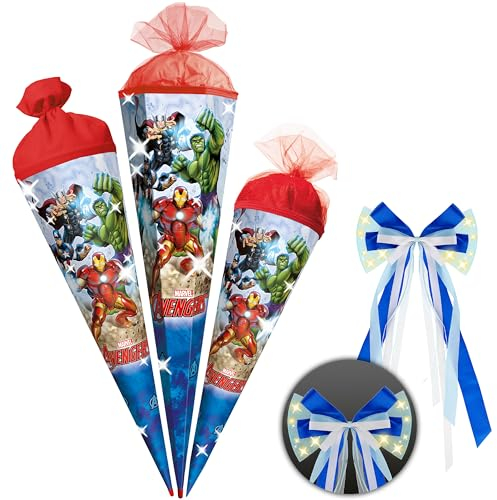 alles-meine.de GmbH Schultüte - Avenger - 35-85 cm - Größe wählbar - Holzspitze wählbar - inkl. LED LICHT - Schleife - Zuckertüte - Tüll - oder Filzabschluß - eckig/rund - kl..