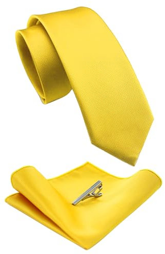 JEMYGINS Schmale Herren Krawatte und Einstecktuch krawattenklammer Krawatte Krawatte Set 6cm helles Gelb