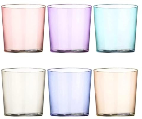 TRESV Set de 6 Vasos de Agua de Colores Pastel, Vasos de Cristal Multicolor y Transparentes, Aptos para Lavavajillas (345 ml Todo color)