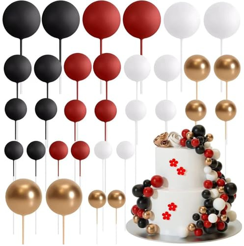 Ledeak 32 Stück Tortendeko Kugeln, Mini-Ballons Tortenaufleger Schaumstoffkugeln, DIY Cupcake Einsatz Kuchen Dekoration für Hochzeit Party Babyparty Geburtstag (Schwarz, Rot, Weiß, Gold)