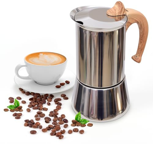 JingleChoo Induction Moka Pot, Stainless Steel, Stovetop Espresso Coffee Maker, 6 Cup/300ml/10.1oz, Easy to Use and Clean, Camping Home Use | for Mocha Cappuccinos, Lattes