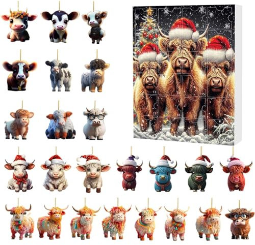 Adventskalender 2024, Weihnachtsadventskalender, Highland Cow 24 Tage Adventskalender Weihnachtsschmuck, Weihnachts-Countdown-Kalender Für Familie, Freunde, Kinder