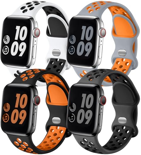 4 Pack Breathable Sports Strap Compatible with Apple Watch Straps 44mm 45mm 46mm 49mm 42mm, Soft Silicone Band for iWatch Series 11 10 9 8 7 6 5 4 Ultra SE 3 2 1, Two-Tone Design for Men & Women