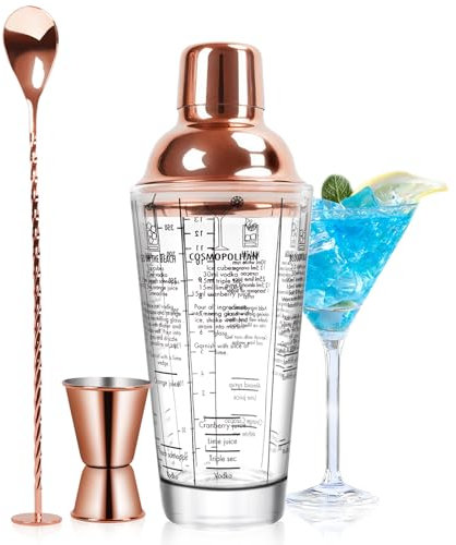 SAVORLIVING Ensemble de gobelets à Cocktail en Verre de 14 oz, Mélangeur à Margarita avec passoire, Jigger et cuillère à mesurer, Set de Bar Professionnel pour Barman et débutants (Rose)