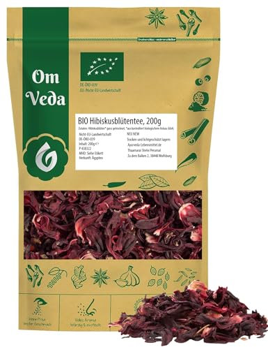 BIO Hibiskusblüten ganz getrocknet 200g - Hibiskusblütentee - Premium Qualität Hibiskustee - Ideal für Hibiskustee, Salate, Desserts und mehr - OmVeda