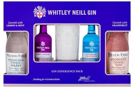 Whitley Neill Gin Gift Set - Flavoured Gin Experience 1x 5cl Distillers Cut Gin, 1x 5cl Rhubarb & Ginger Gin, 2x Fever Tree Tonic Water, Whitley Neill Hi-Ball Glass, Gin Gifts for Women, Mothers Day
