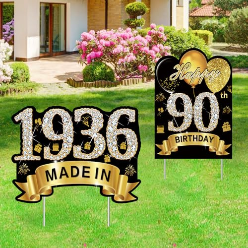 Puyruiv Gartenschild, Dekoration zum 90. Geburtstag, Dekoration für Männer und Frauen, Happy 90th Birthday, hergestellt in 1936, Rasenschild, Partyzubehör, 90 Jahre alter Geburtstag, Hofpfähle