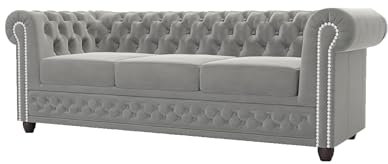 S-Style Möbel Sofa Couch 3 Sitzer Mit Schlaffunktion 203 x 86 x 72 cm Freistehend Massivholzfüße Braun Samtstoff Elegant Gesteppt Silberne Metallniete York Grau