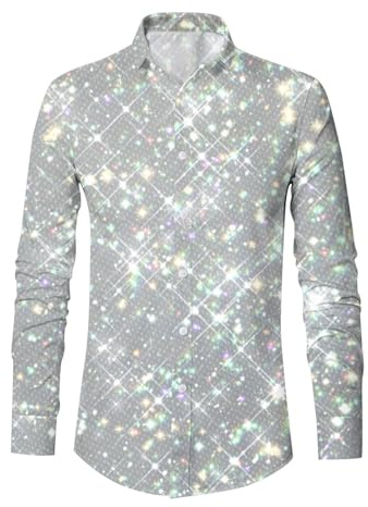Bastwahl Silvester Hemd Herren Langarm Kragen - Glitzer Shirt Satin Revers Mode Pailletten Hemd Lange Ärmel Glitzerhemd Goldenes 80er Jahre Glänzend Slim Fit Langarmhemd Business Für Party Nachtclub