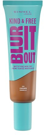 Rimmel Kind & Free, Blur It Out Mattifying Skin Tint, 510 Cinnamon, Lightweight Matte Finish, Minimises Pores, Infused with Cica Complex and Vitamin E, SPF 20, All-Day Shine Control, 30ml