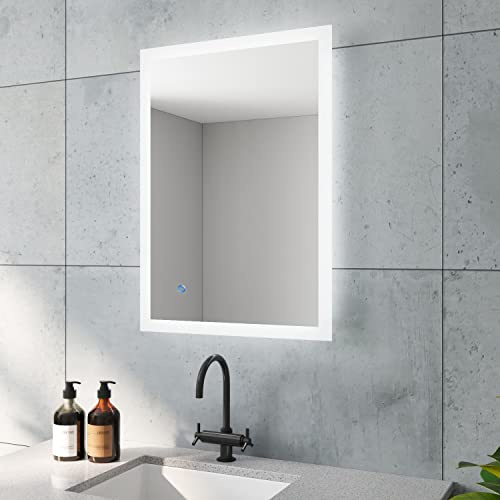 BOURGES-Serie Badspiegel mit indirekt Beleuchtung Hell Eckig 50x70 cm LED Badezimmerspiegel Günstig für Gäste WC Licht Spiegel Touch Schalter Dimmbar Memory-Funktion für Wandschalter Lichtschalter
