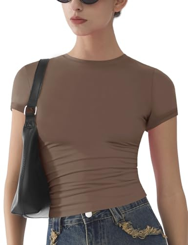 Womens Basic Short Sleeve Slim Fit T Shirts Soft Crewneck Crop Y2k Tees Summer Stretchy Cute Tops